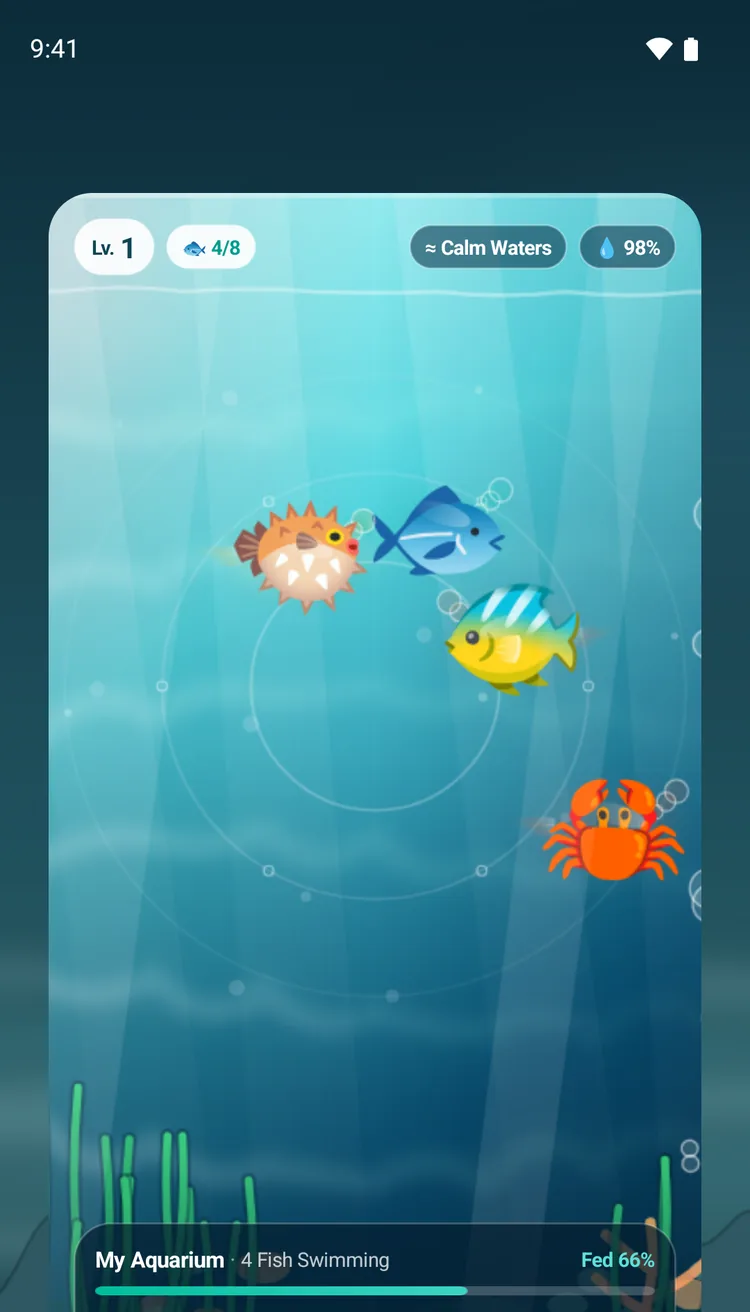 The Aquarium widget on an Android Home Screen, with Feed, Clean and Swim buttons
