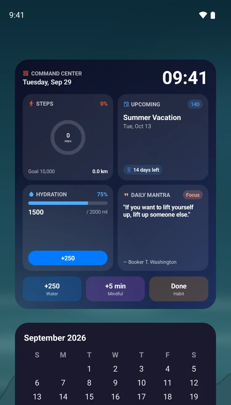 The Daily Dashboard and Month Calendar widgets on an Android Home Screen