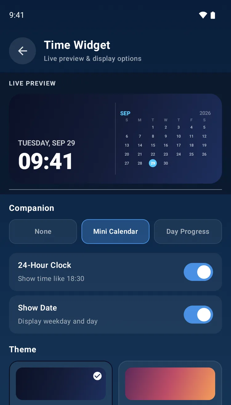 Choosing a theme for the Time widget in Widgetik on Android