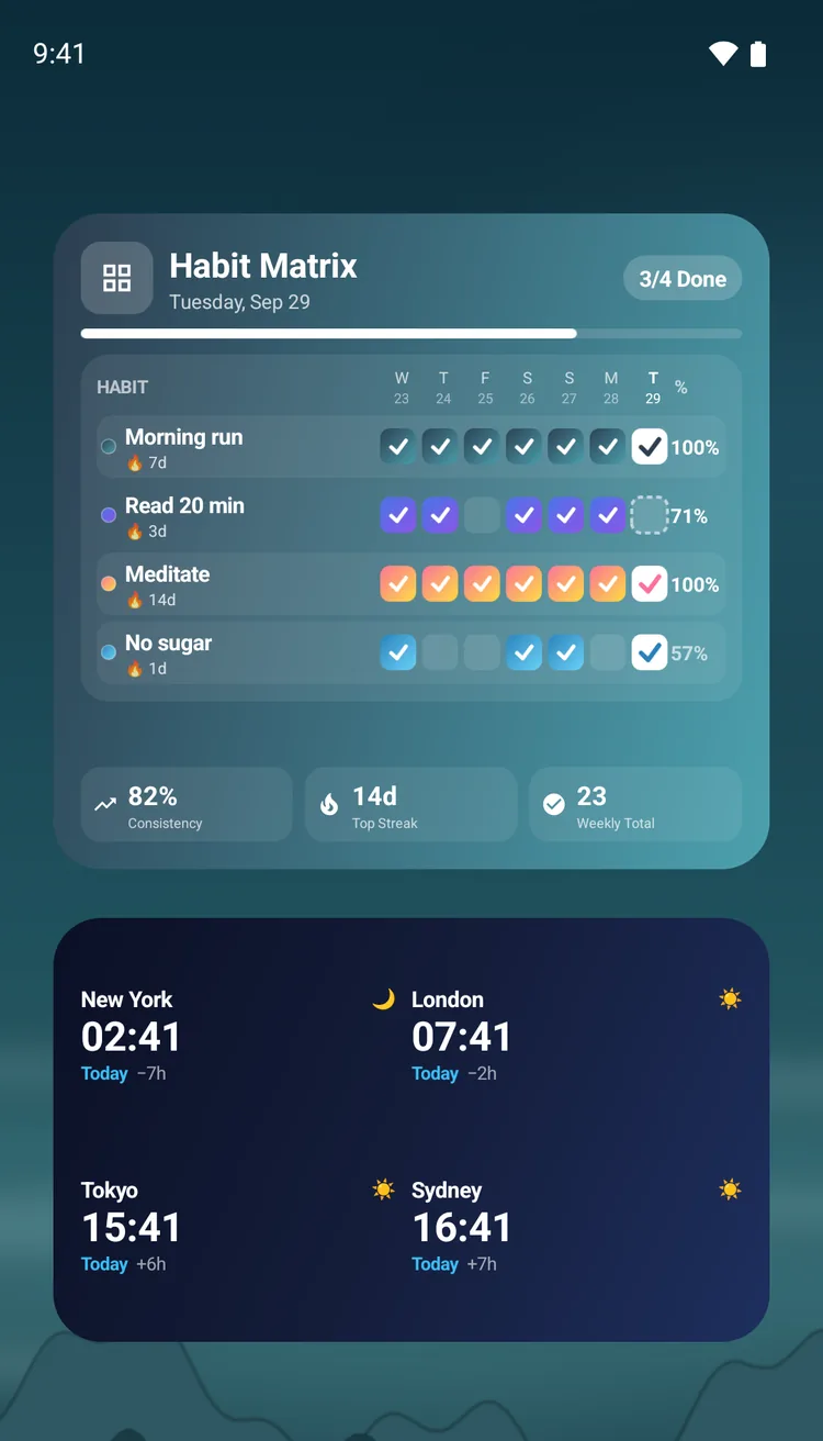 The Habit Matrix and World Clock widgets on an Android Home Screen