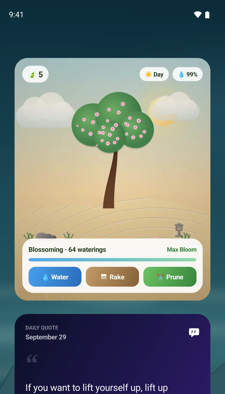 An Android Home Screen with Widgetik's Zen Garden and Daily Quote widgets