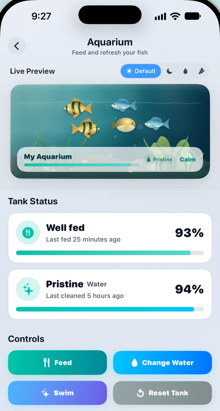 The Aquarium in Widgetik on iPhone, with fish, tank status and Feed and Change Water buttons