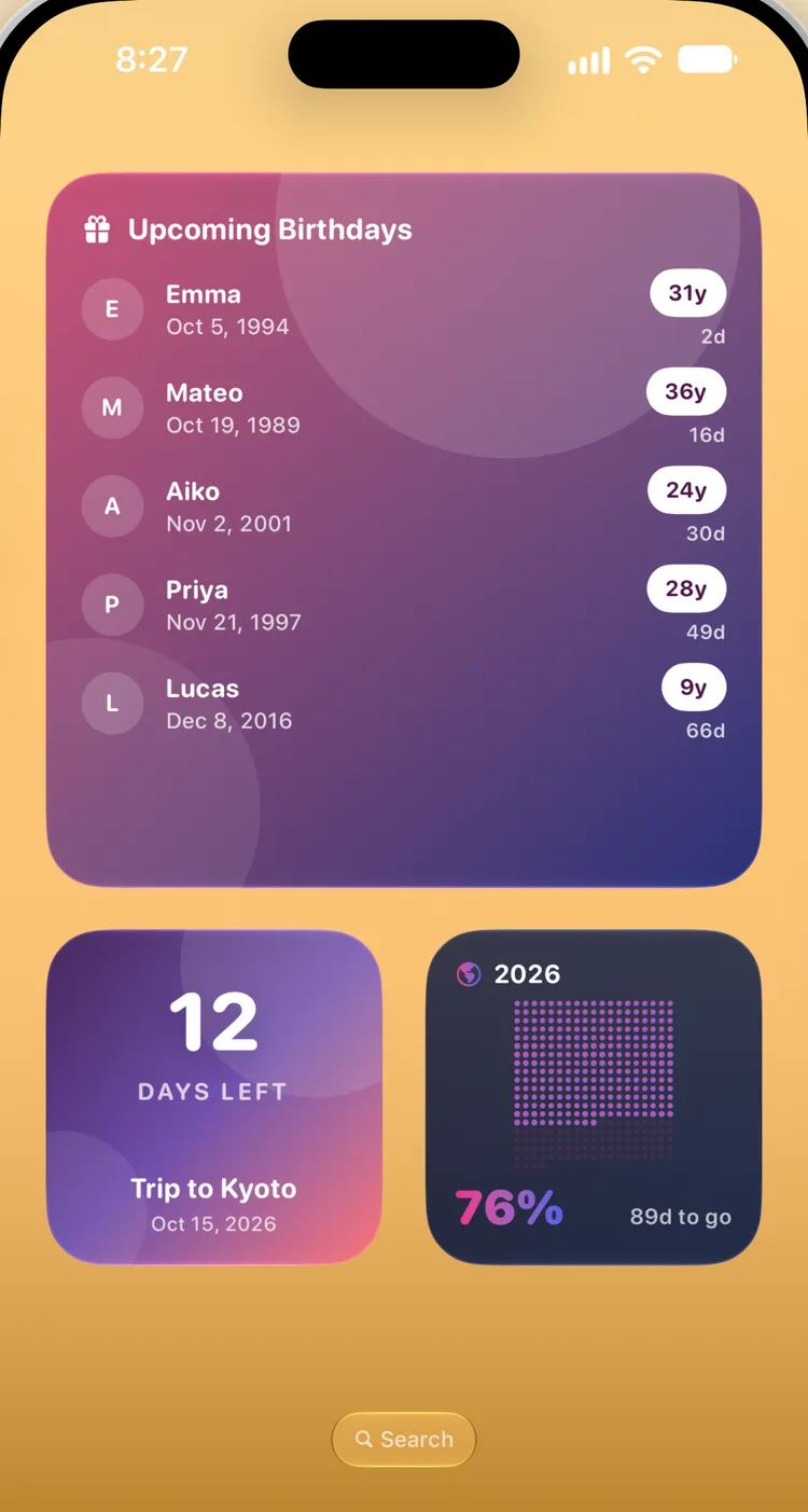 Upcoming Birthdays, a trip countdown and the year in dots on an iPhone Home Screen