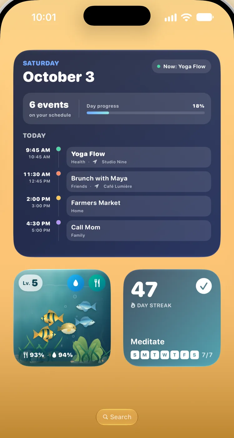 An iPhone Home Screen with Widgetik's Agenda, Aquarium and Habit Streak widgets
