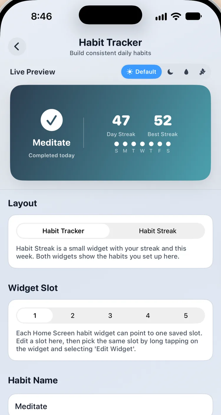 Setting up a Meditate habit in Widgetik on iPhone, with a 47-day streak in the live preview