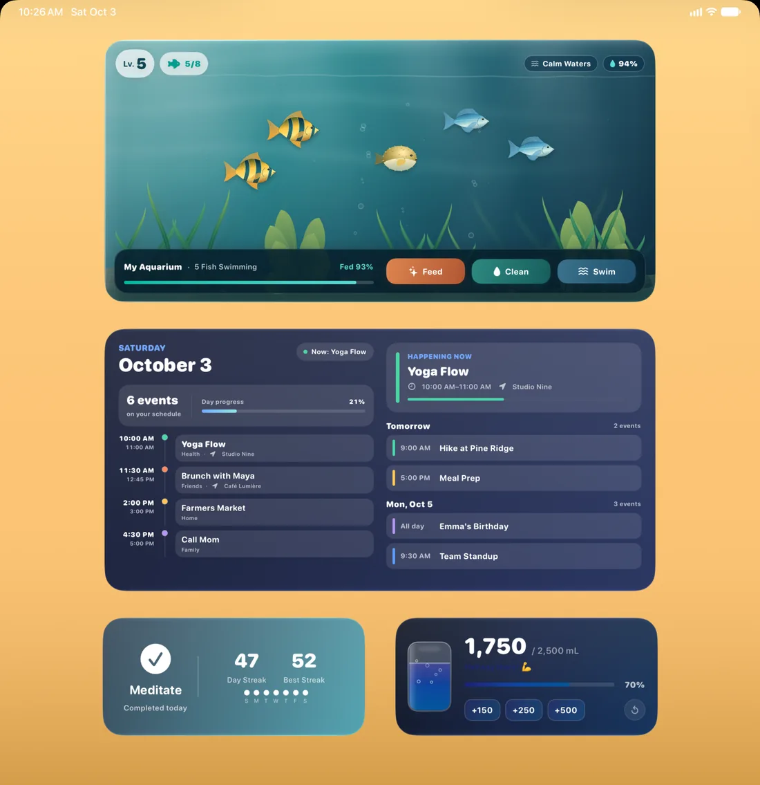 An iPad Home Screen with Extra Large Aquarium and Agenda widgets