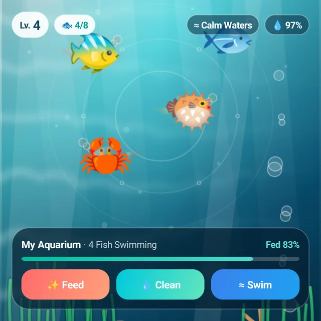 Four fish swimming in a tank, with Feed, Clean and Swim buttons
