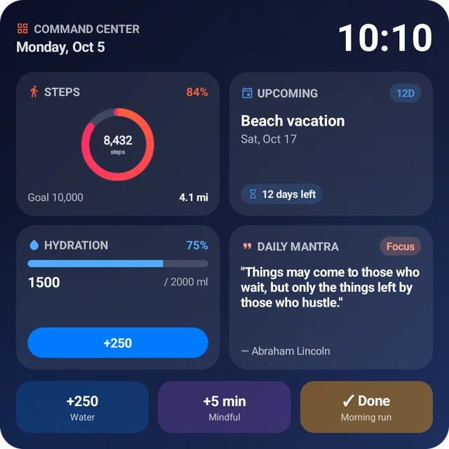 Steps, the next event, water, a daily mantra and quick buttons in one widget