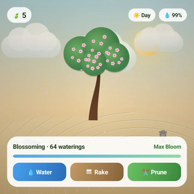 A blossoming bonsai with Water, Rake and Prune buttons