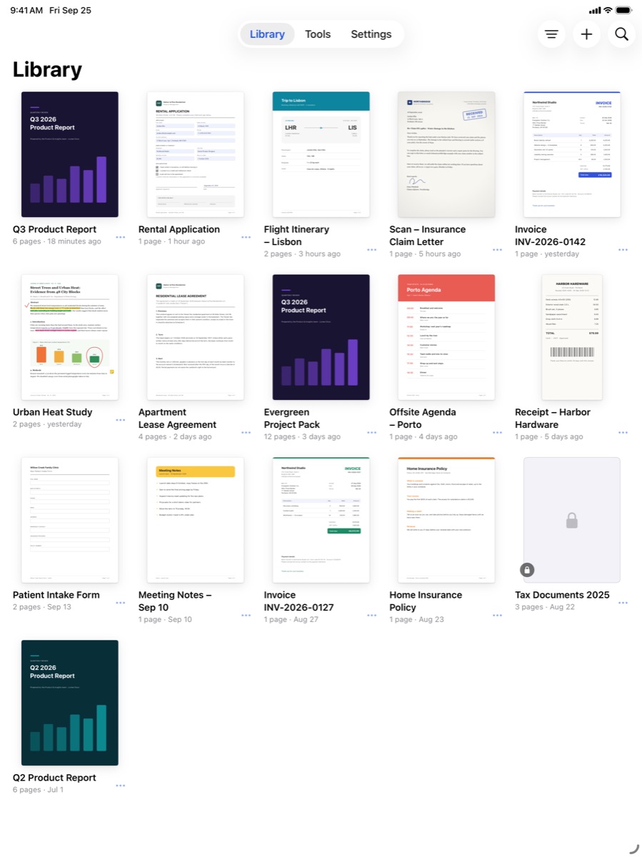 The Foldline library on iPad, with a report, a rental application, a flight itinerary and a scanned letter