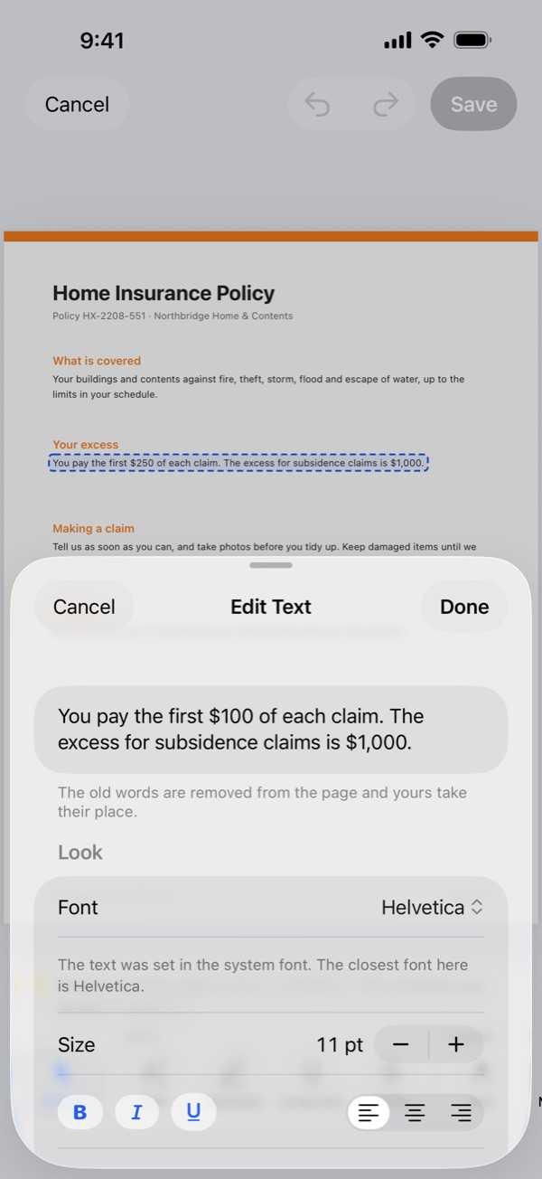 Changing a sentence in an insurance policy with the Edit Text panel