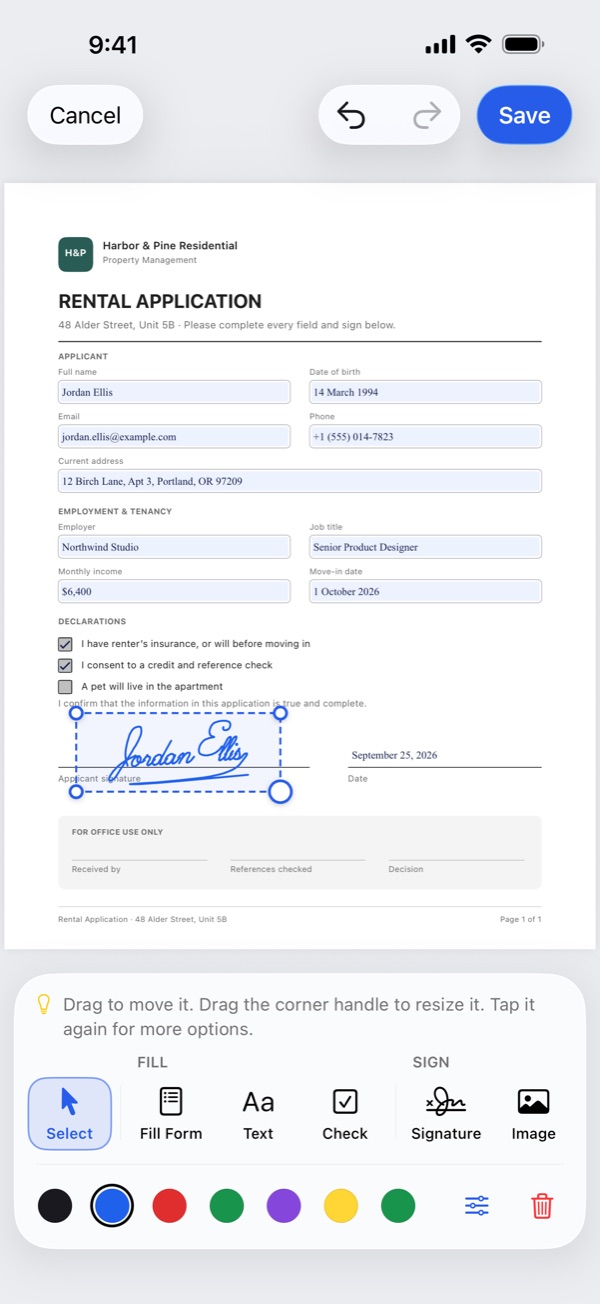 A rental application filled in and signed in Foldline