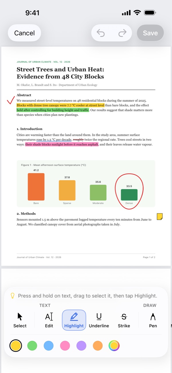 An article marked up in Foldline on iPhone, with highlighted sentences and a circled chart