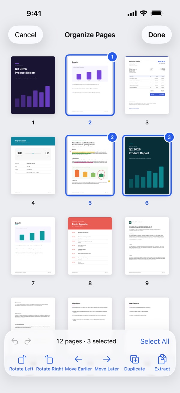 Selecting pages in the Organize Pages grid