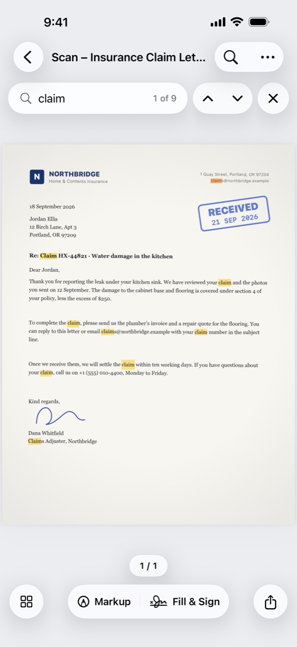 Searching a scanned letter for the word claim, with each match highlighted