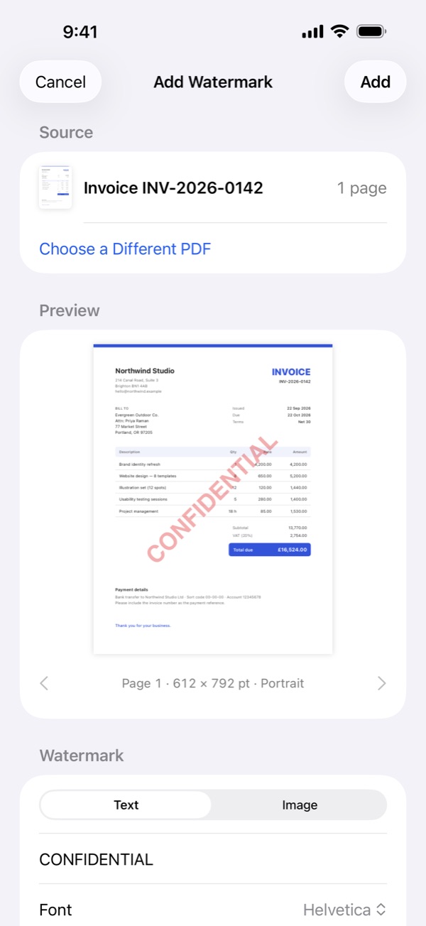 Adding a CONFIDENTIAL watermark to an invoice